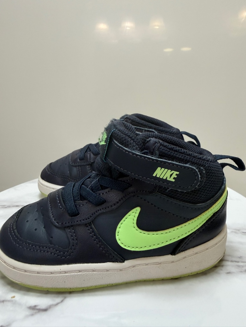 Nike Kids Black High-Top Sneakers with Neon Green Swoosh